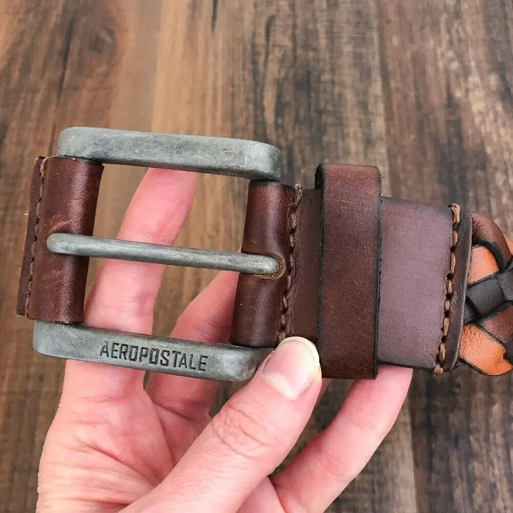 Aeropostale Y2K Wide Woven Leather Belt Rugged Durable Mens Size Medium Brown